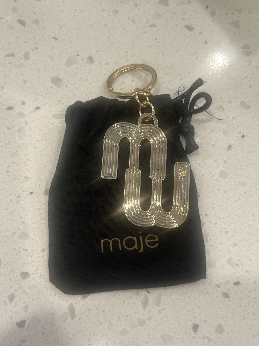Maje Gold Double M Logo Key Charm chain with Black Pouch